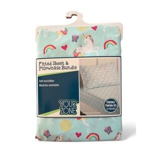 Your Zone Twin XL Fitted Sheet Pillowcase Bundle Unicorn Rainbow Aqua Microfiber